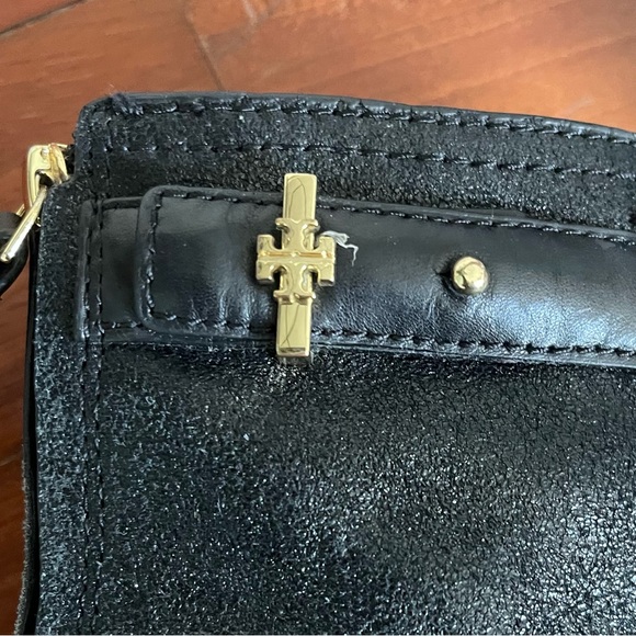 Tory Burch Selena Boots Black Size 8 Crinkle Distressed Leather Logo Metallic - Picture 6 of 12